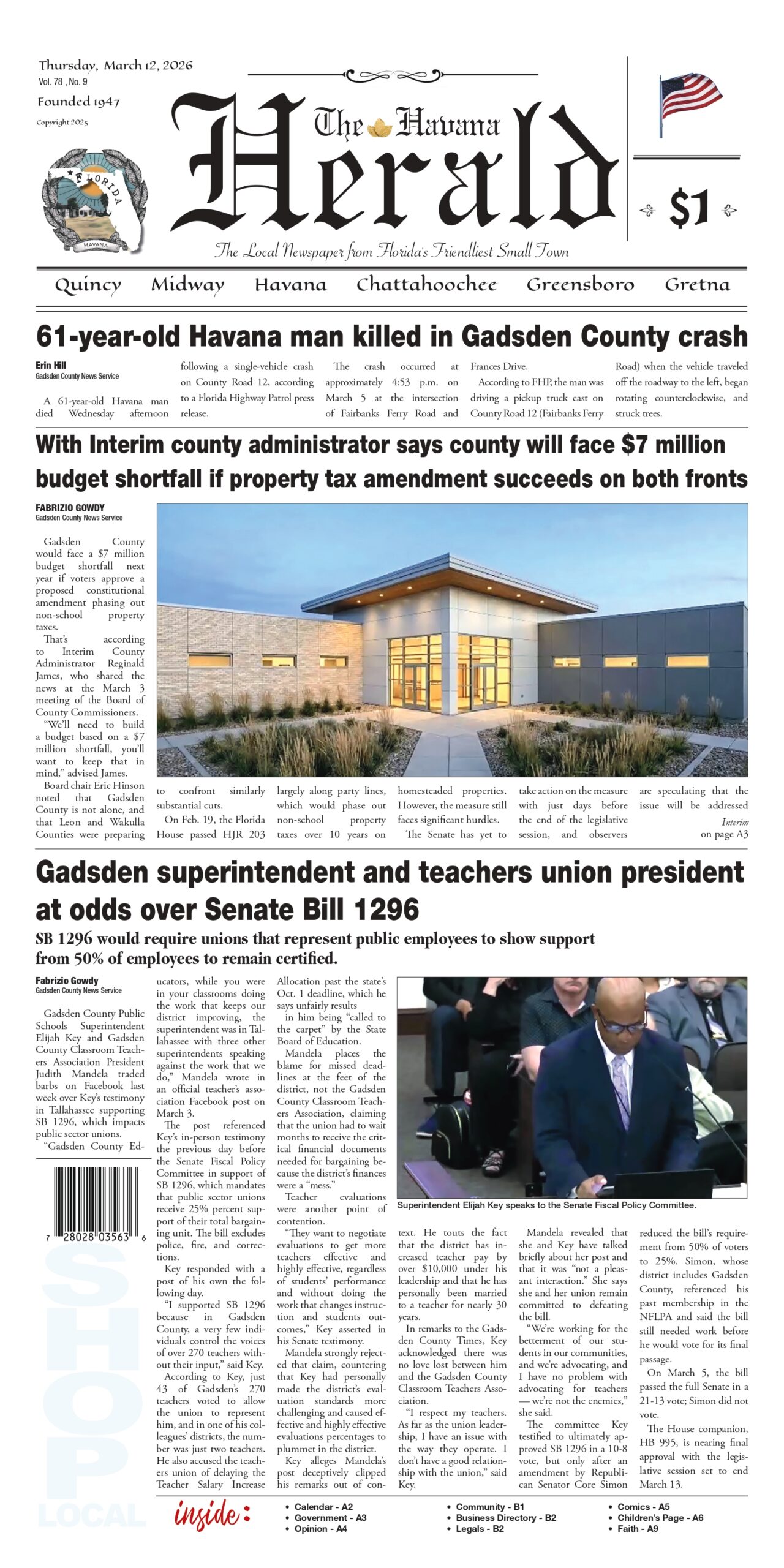 Front page of The Havana Herald newspaper dated March 12, 2026, featuring headlines about a fatal Gadsden County crash, potential county budget shortfall tied to property tax amendment proposals, and a dispute between the Gadsden superintendent and teachers union over Senate Bill 1296, with photos of a government building and Superintendent Elijah Key speaking to a Senate committee.