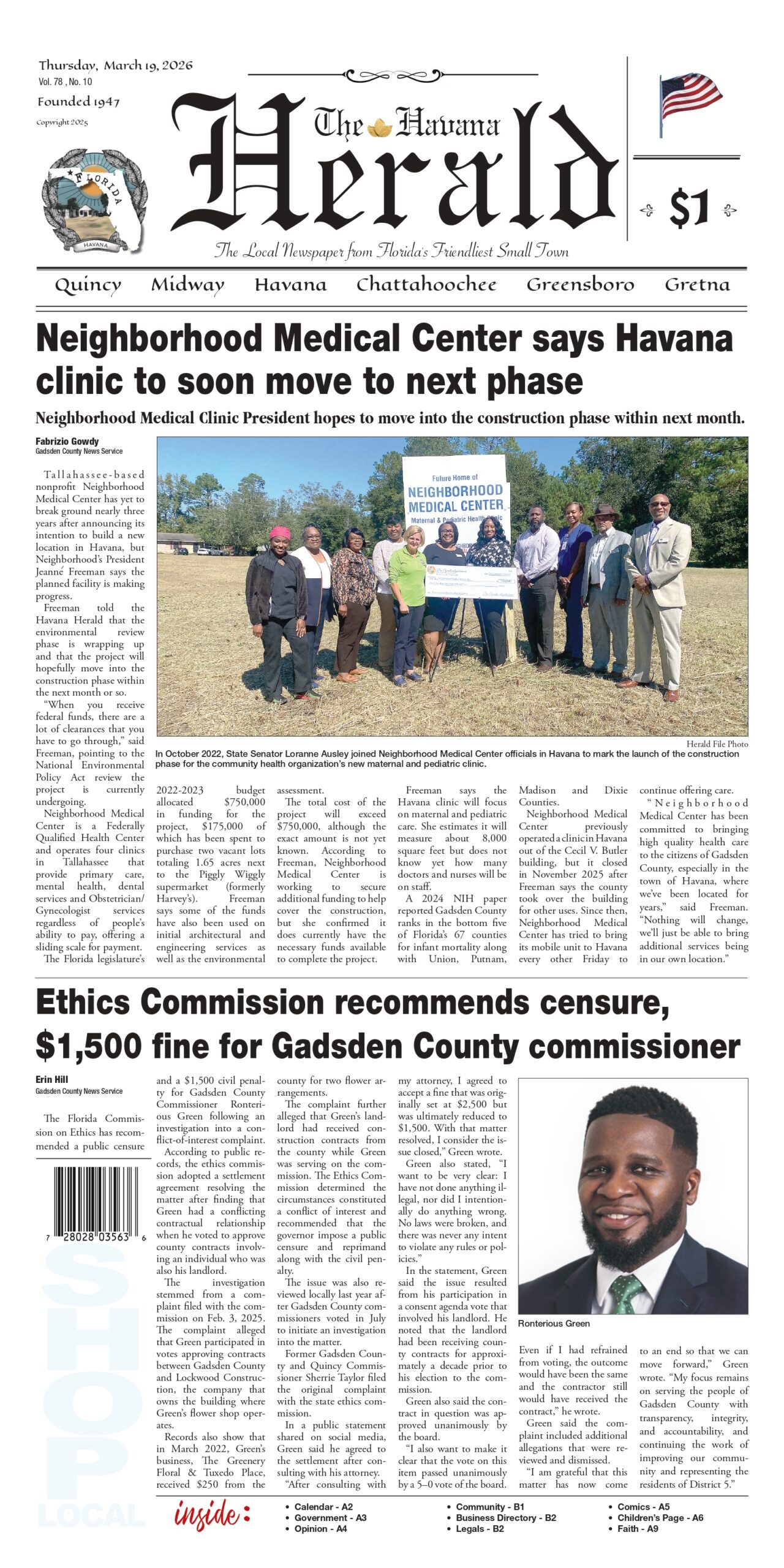 Front page of The Havana Herald newspaper featuring headline about Neighborhood Medical Center expansion and ethics commission ruling, with photos and local news coverage.