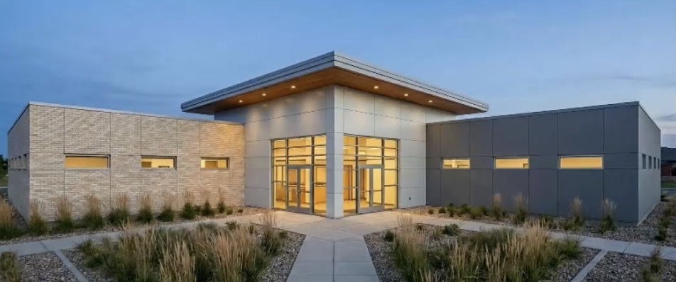 Front entrance of a modern Boys & Girls Club building illuminated at dusk with large glass doors and surrounding landscaping.