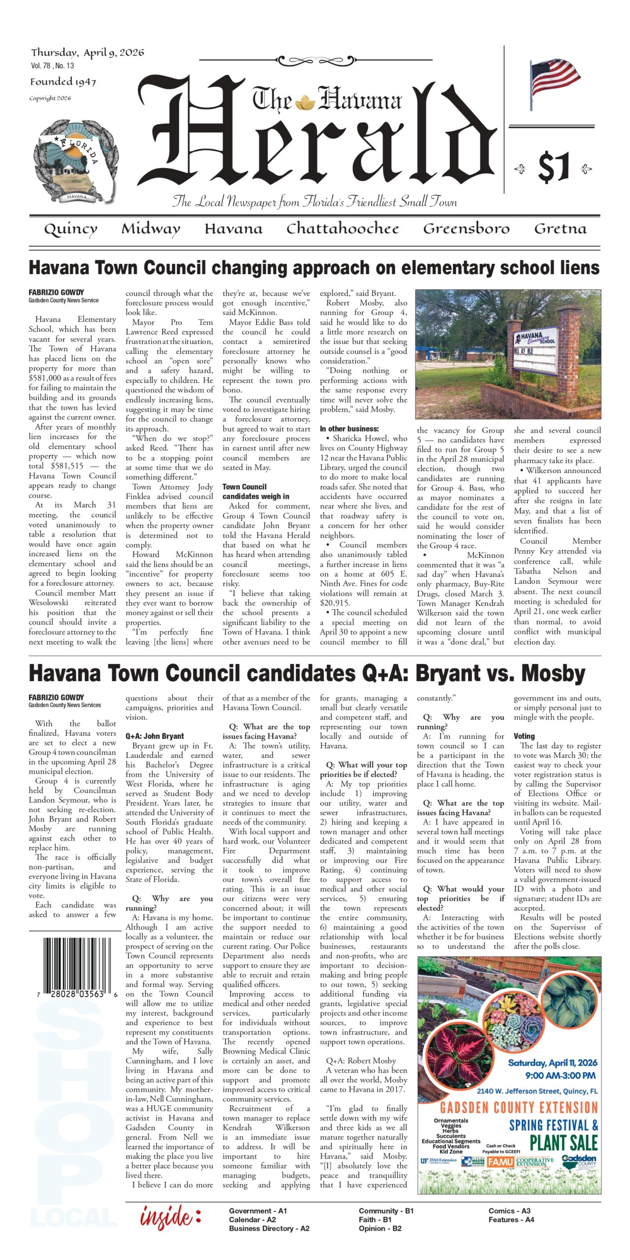 Front page of The Havana Herald dated April 9, 2026, featuring a headline about the Havana Town Council changing its approach on an elementary school lien, with a photo of the former school sign, and a second story with a Q&A on town council candidates Bryant and Mosby.