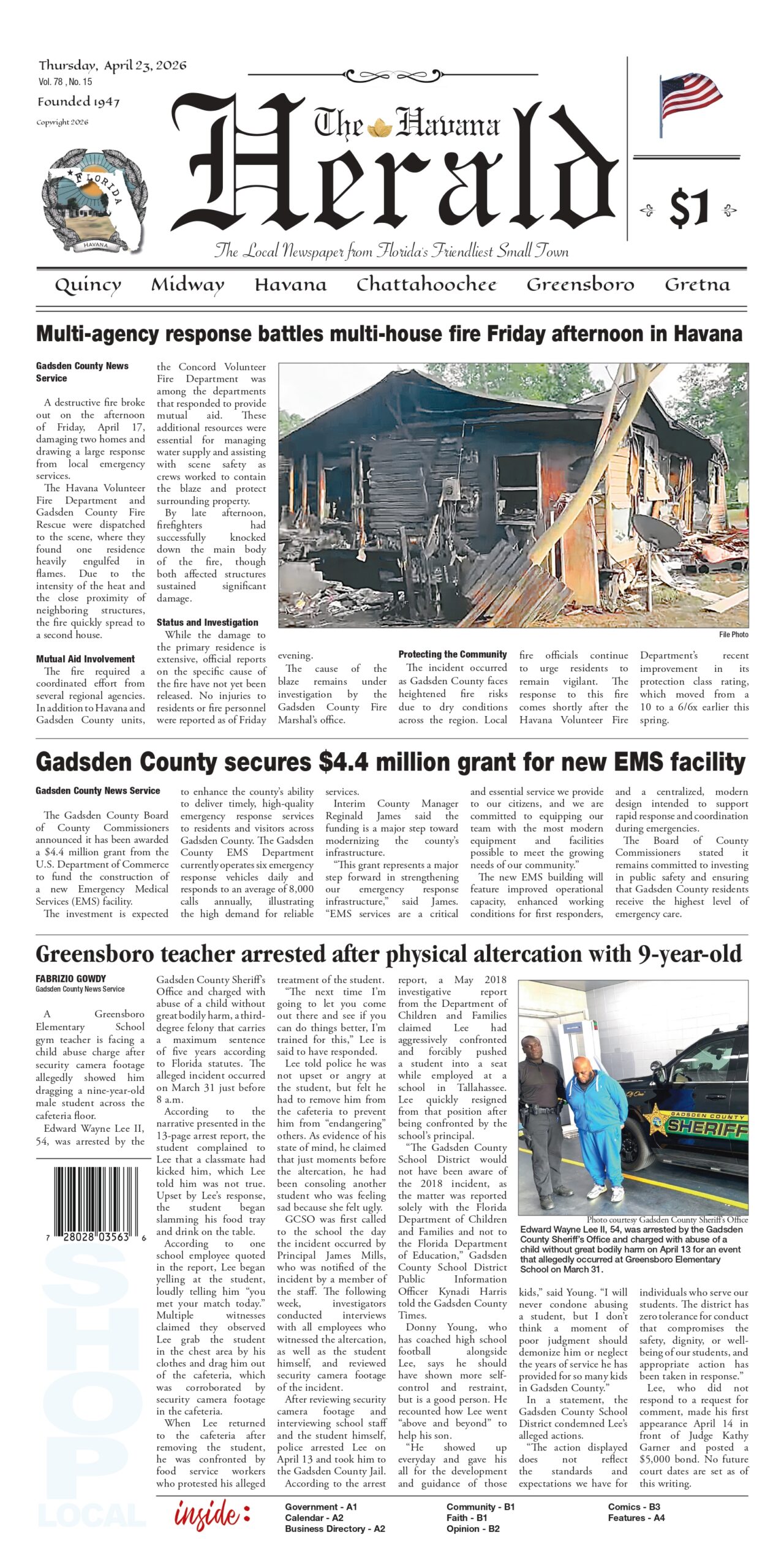 Front page of The Havana Herald newspaper dated April 23, 2026, with headlines about a multi-house fire in Havana, an EMS facility grant, and a teacher arrest, alongside a photo of a burned home.