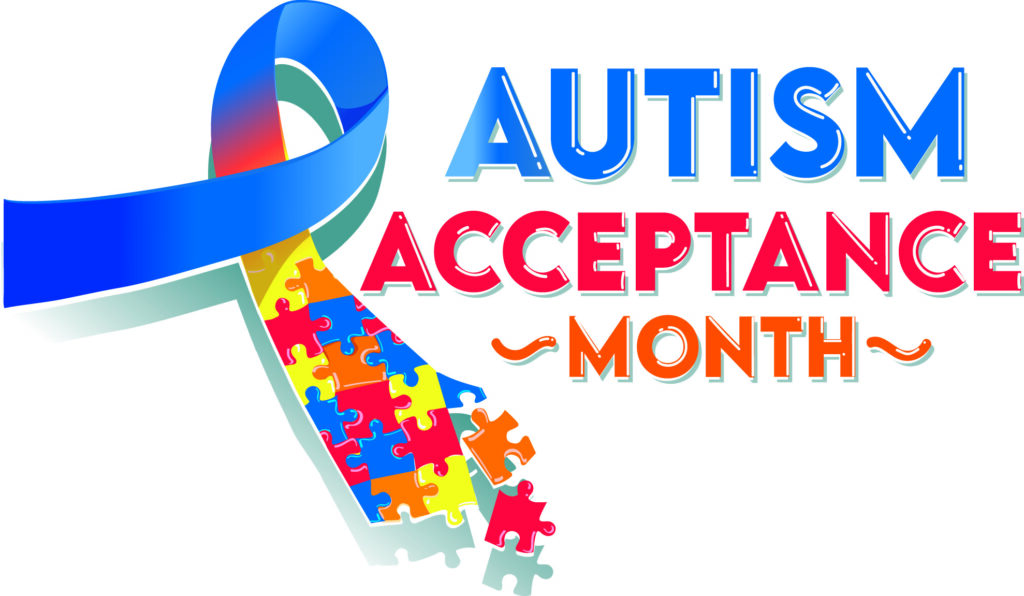 Colorful Autism Acceptance Month graphic featuring a blue awareness ribbon intertwined with multicolored puzzle pieces.