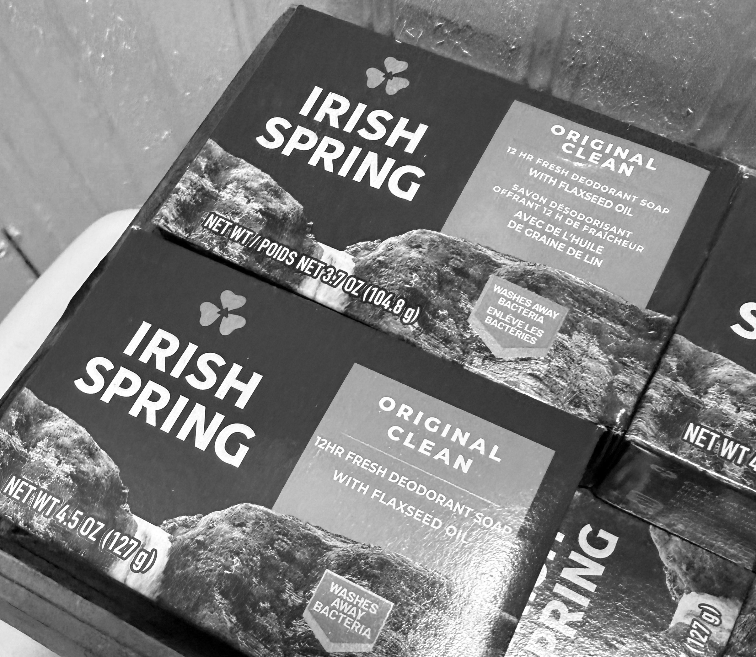 Close-up of multiple boxes of Irish Spring soap labeled “Original Clean” stacked together.