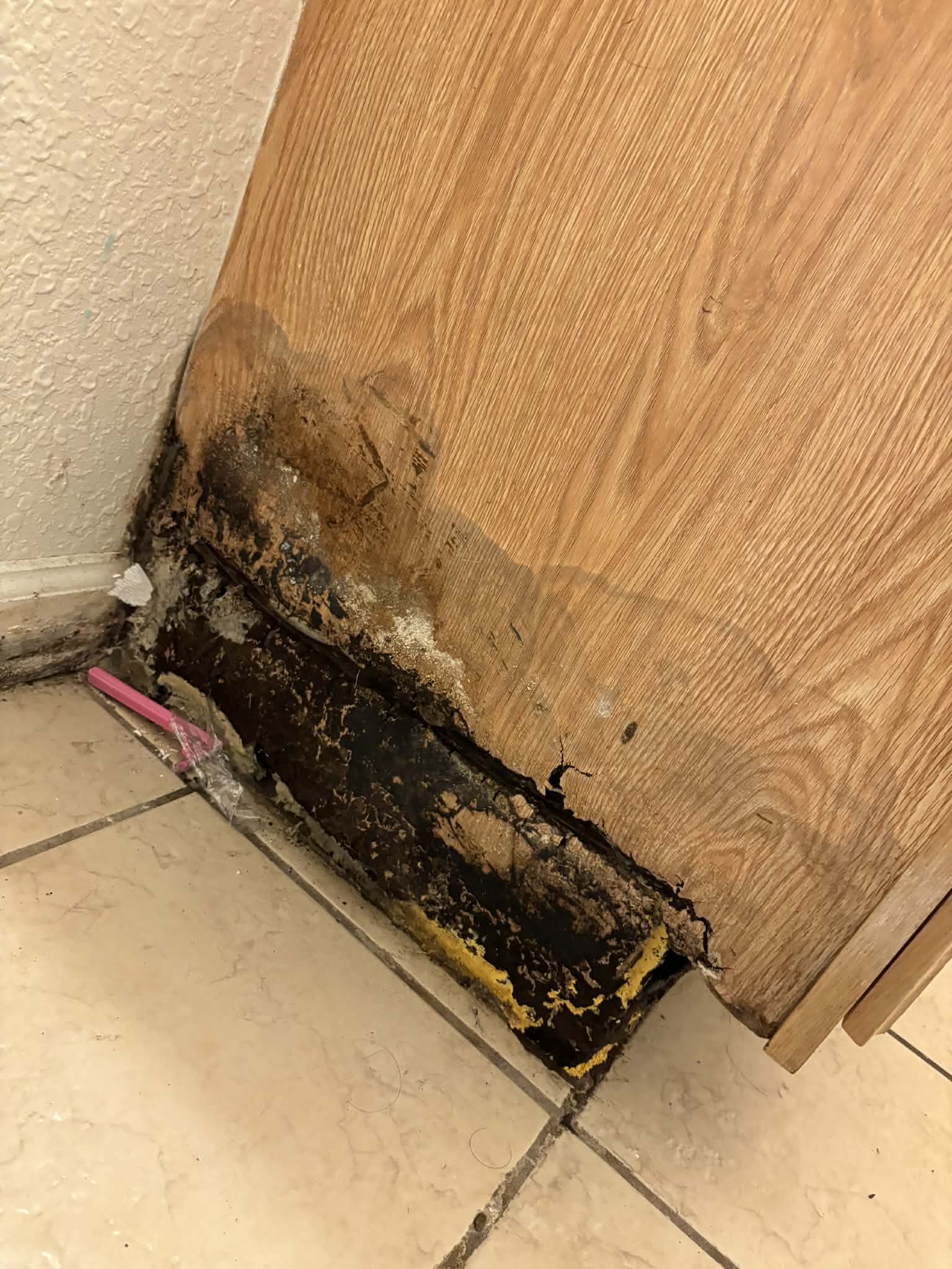 Severely water-damaged wooden cabinet base with dark mold and rot along the bottom edge where it meets the tiled floor.