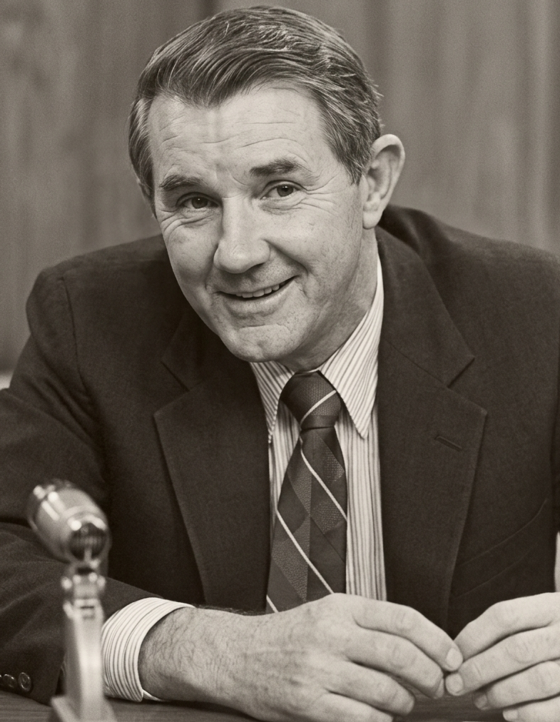 Black-and-white portrait of a man in a suit and patterned tie, smiling while seated at a desk with a microphone in the foreground.