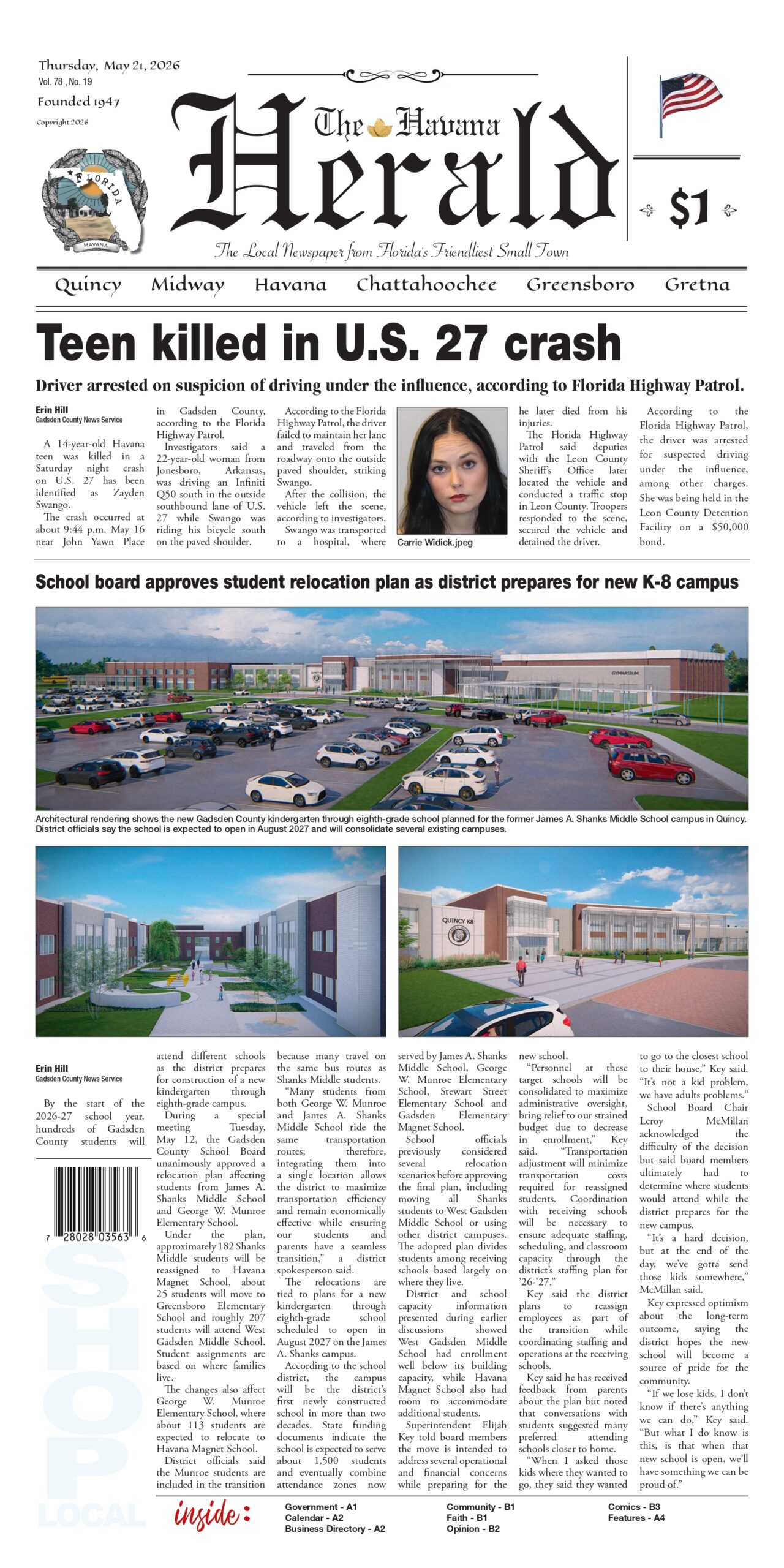 Front page of The Havana Herald dated May 21, 2026, featuring headlines about a teen killed in a U.S. 27 crash and school district relocation plans, alongside architectural renderings of a future K-8 school campus in Quincy.