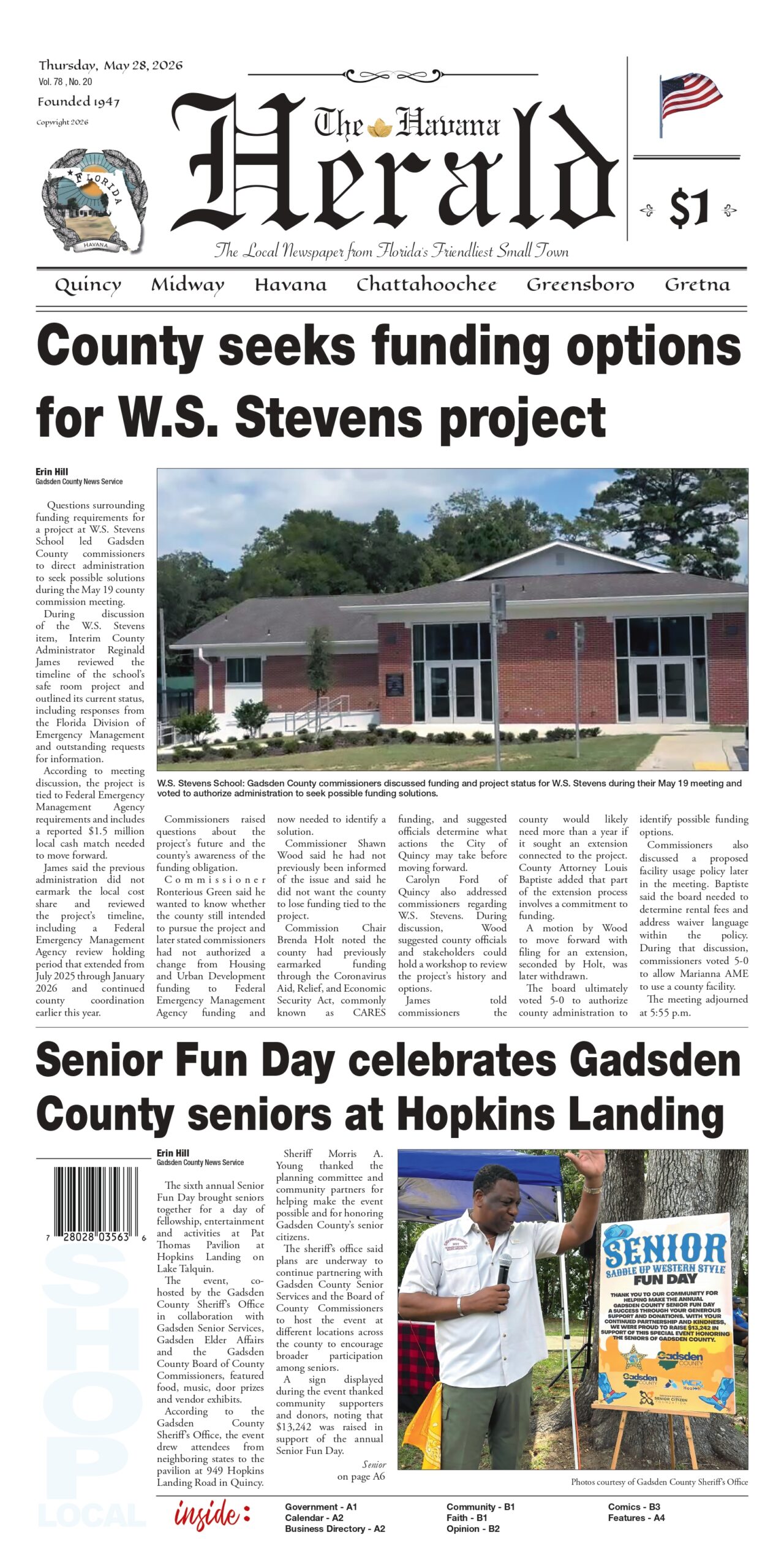 Front page of The Havana Herald, May 28, 2026 edition. The main headline reads 'County seeks funding options for W.S. Stevens project,' showing a photograph of the newly built modern brick school facility. Below, a second headline reads 'Senior Fun Day celebrates Gadsden County seniors at Hopkins Landing,' paired with a photograph of an event organizer holding a microphone next to a 'Senior Fun Day' informational poster.