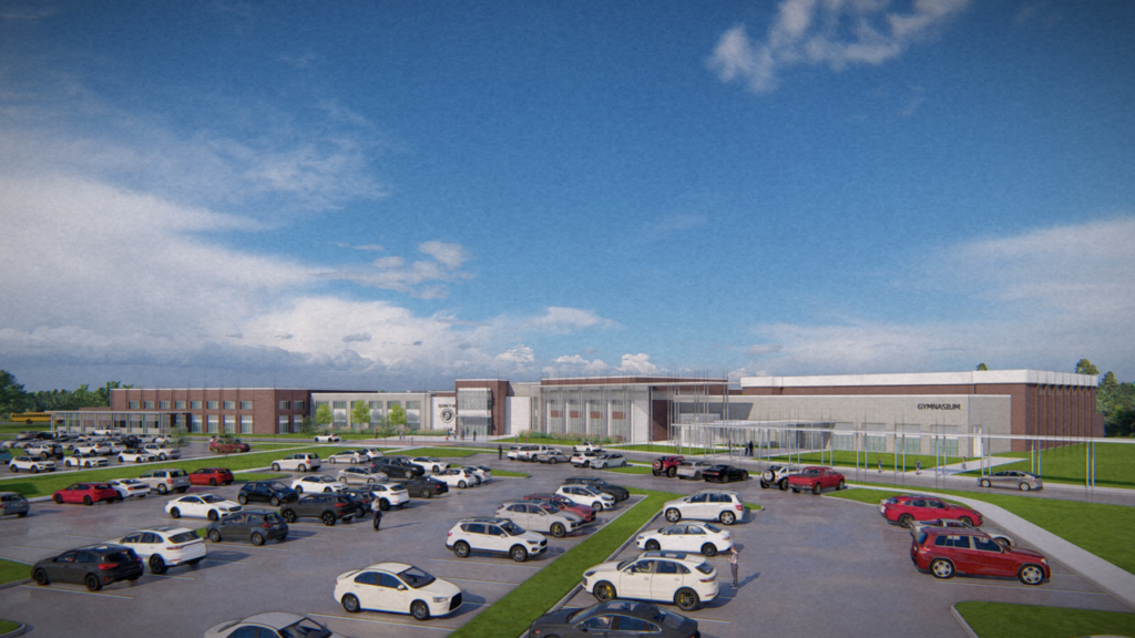 “Architectural rendering of a modern two-story kindergarten through eighth-grade school campus in Quincy, Florida, featuring landscaped walkways, trees, seating areas, and students gathered in a central courtyard between classroom buildings.”
