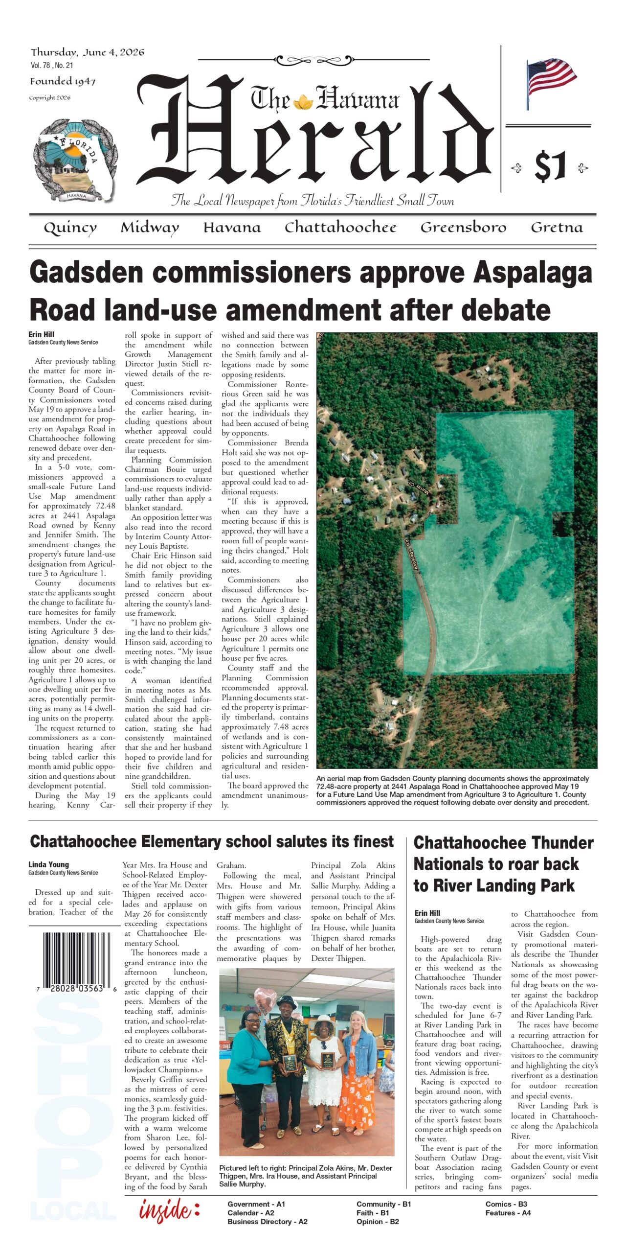 “Front page of The Havana Herald dated June 4, 2026, featuring a lead story on Gadsden County commissioners approving an Aspalaga Road land-use amendment, accompanied by an aerial map of the affected property.”