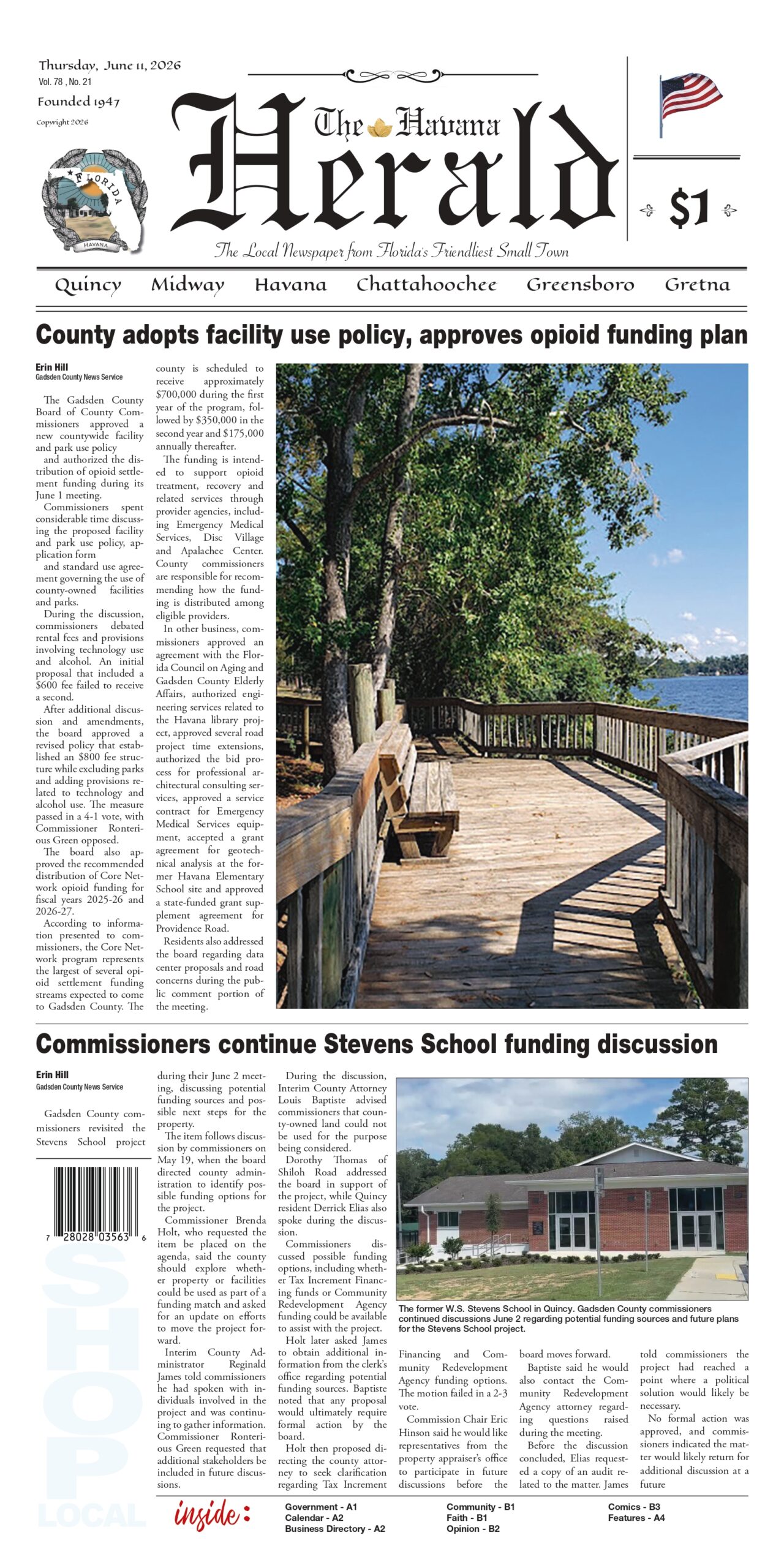 Front page of The Havana Herald, June 11, 2026 edition. The top headline reads 'County adopts facility use policy, approves opioid funding plan,' featuring a photograph of a wooden boardwalk and park bench overlooking a calm lake. The lower headline reads 'Commissioners continue Stevens School funding discussion,' accompanied by a photograph of the modern, single-story red brick facility.