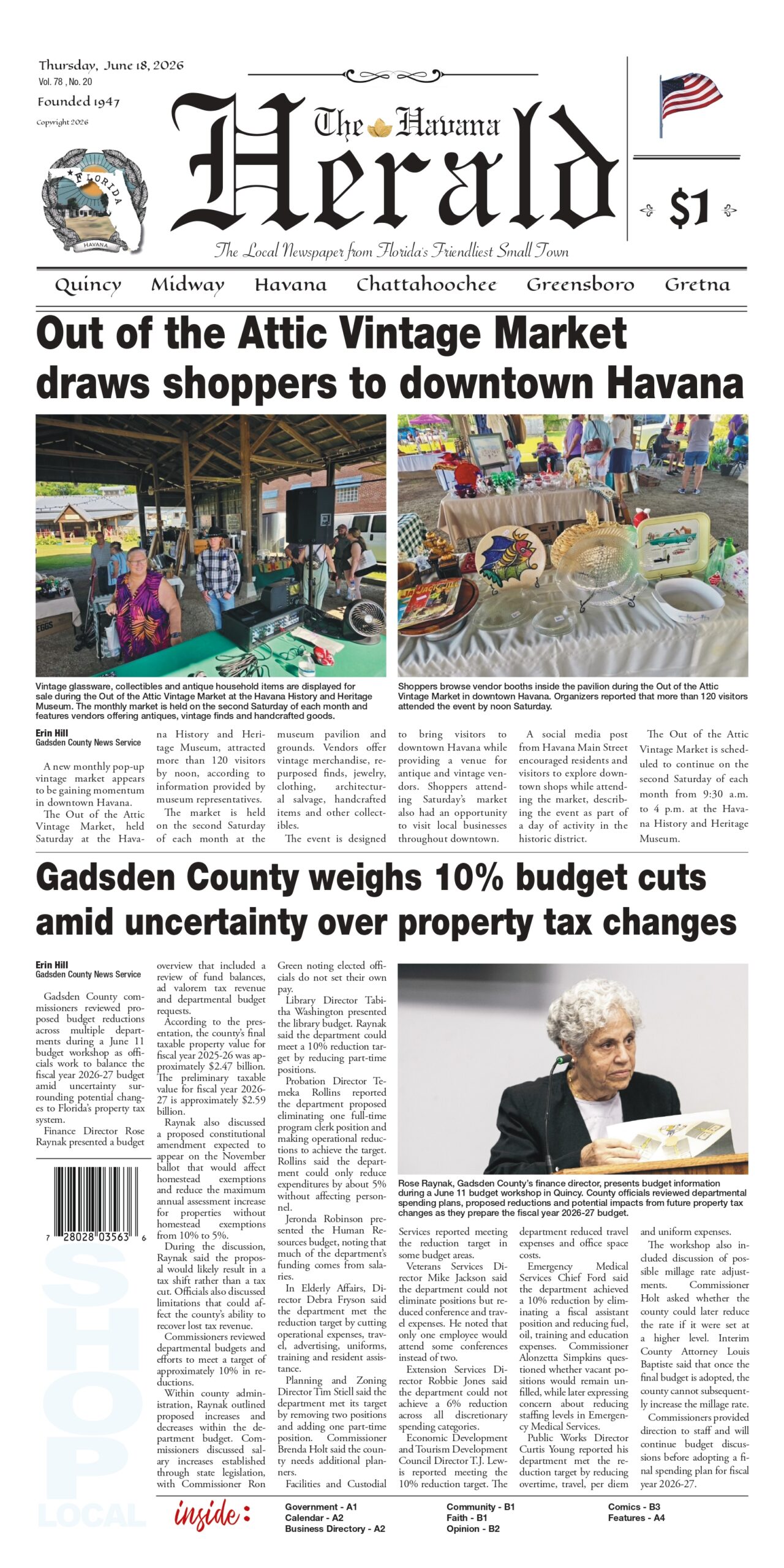 Front page of The Havana Herald, June 18, 2026 edition. The top headline reads 'Out of the Attic Vintage Market draws shoppers to downtown Havana,' accompanied by two photographs showing people browsing vintage items and collectibles under an open-air pavilion. The lower headline reads 'Gadsden County weighs 10% budget cuts amid uncertainty over property tax changes,' featuring a photograph of Gadsden County Finance Director Rose Raynak speaking during a budget workshop.