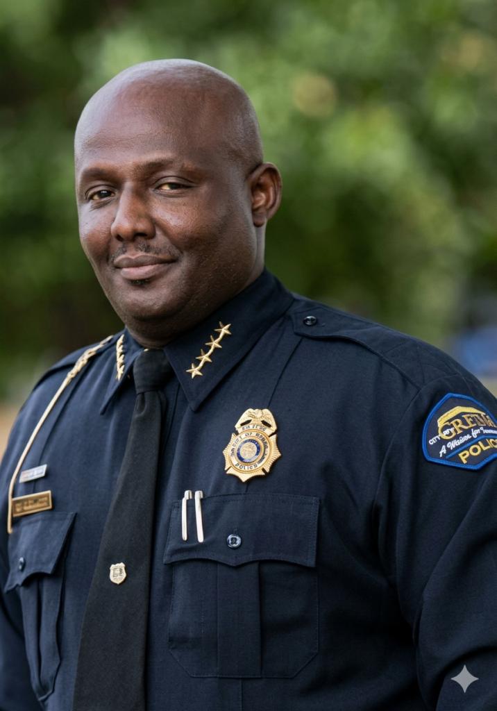 A professional portrait of a Black male police chief smiling subtly against a soft, blurred green background. He is bald with a light mustache and wears a dark blue law enforcement uniform. His uniform features a gold badge on the chest, four gold stars on his collar indicating the rank of chief, a black tie, and a shoulder patch that reads 'CITY OF GRETNA POLICE'