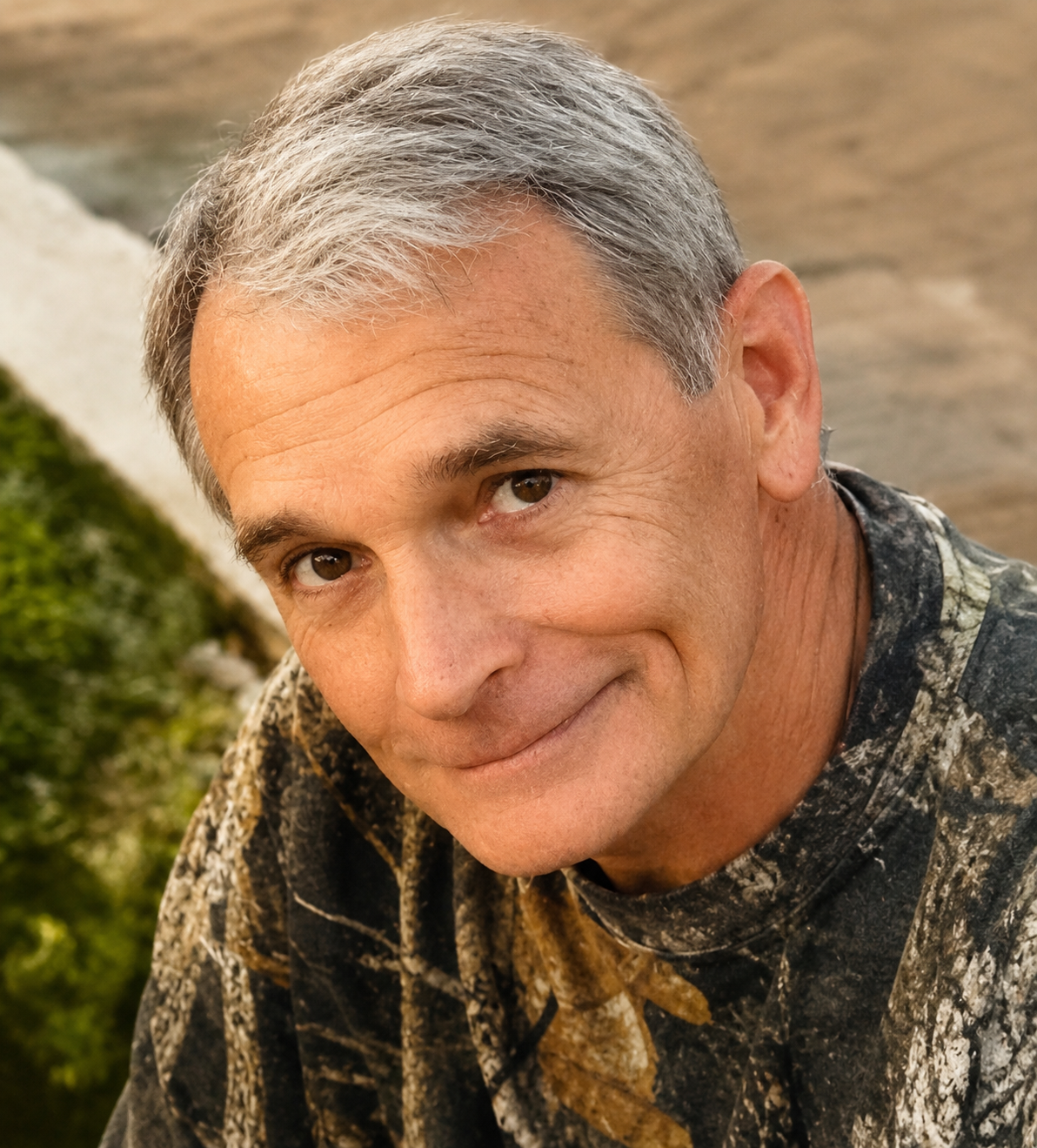 Obituary portrait of William Benjamin “Ben” Murray. The close-up photograph shows a middle-aged man with short graying hair smiling gently at the camera. He is wearing a camouflage print shirt against a blurred outdoor background.