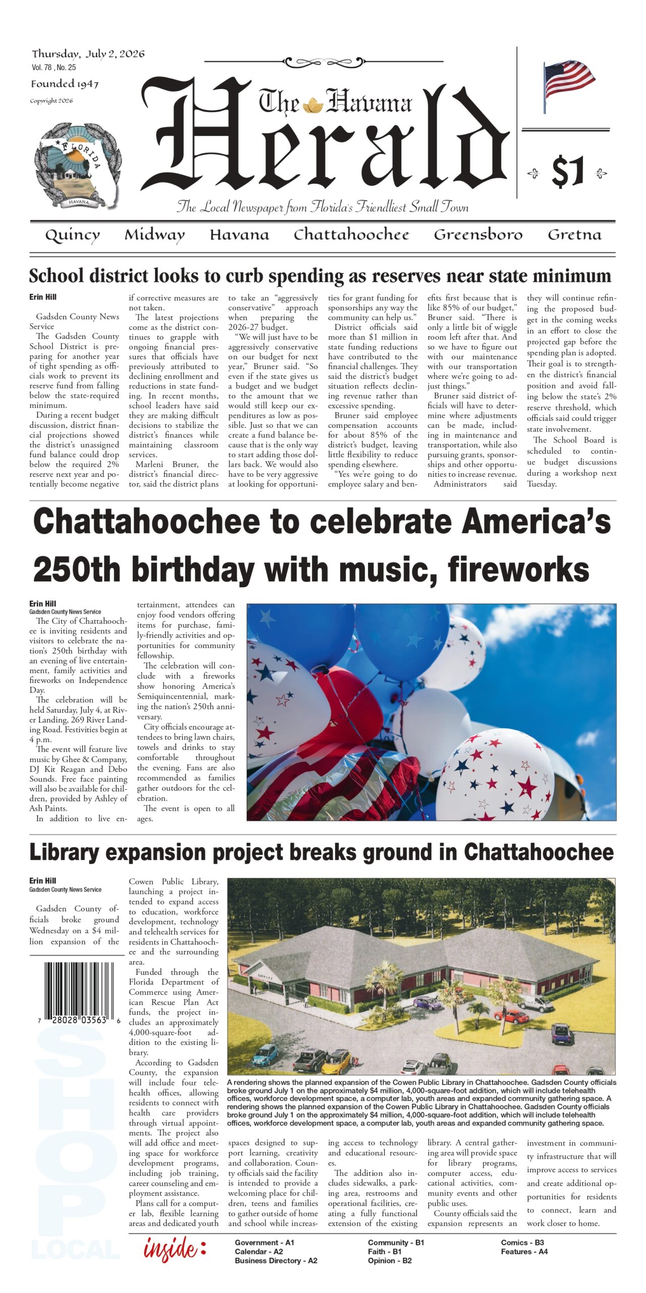 Front page of The Havana Herald, July 2, 2026 edition. The main headline at the top reads 'School district looks to curb spending as reserves near state minimum.' Below it, the central headline reads 'Chattahoochee to celebrate America’s 250th birthday with music, fireworks,' paired with a photograph of festive star-patterned patriotic balloons against a clear sky. The bottom headline reads 'Library expansion project breaks ground in Chattahoochee,' accompanied by a digital architectural rendering of the expanded library building.