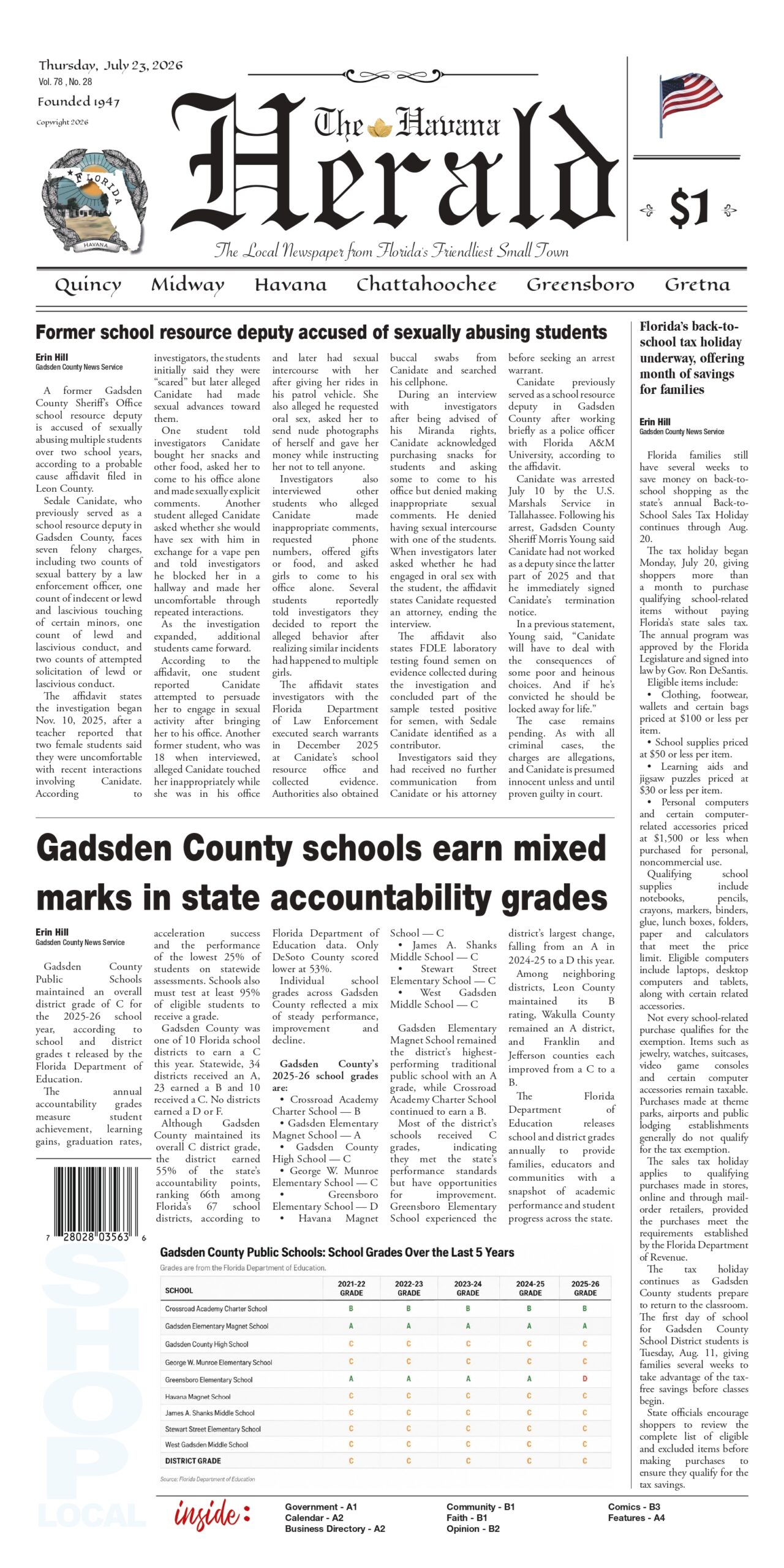 Front page of the July 23, 2026 edition of The Havana Herald covering Gadsden County school grades, Florida's back-to-school tax holiday, and legal charges against a former school resource deputy.
