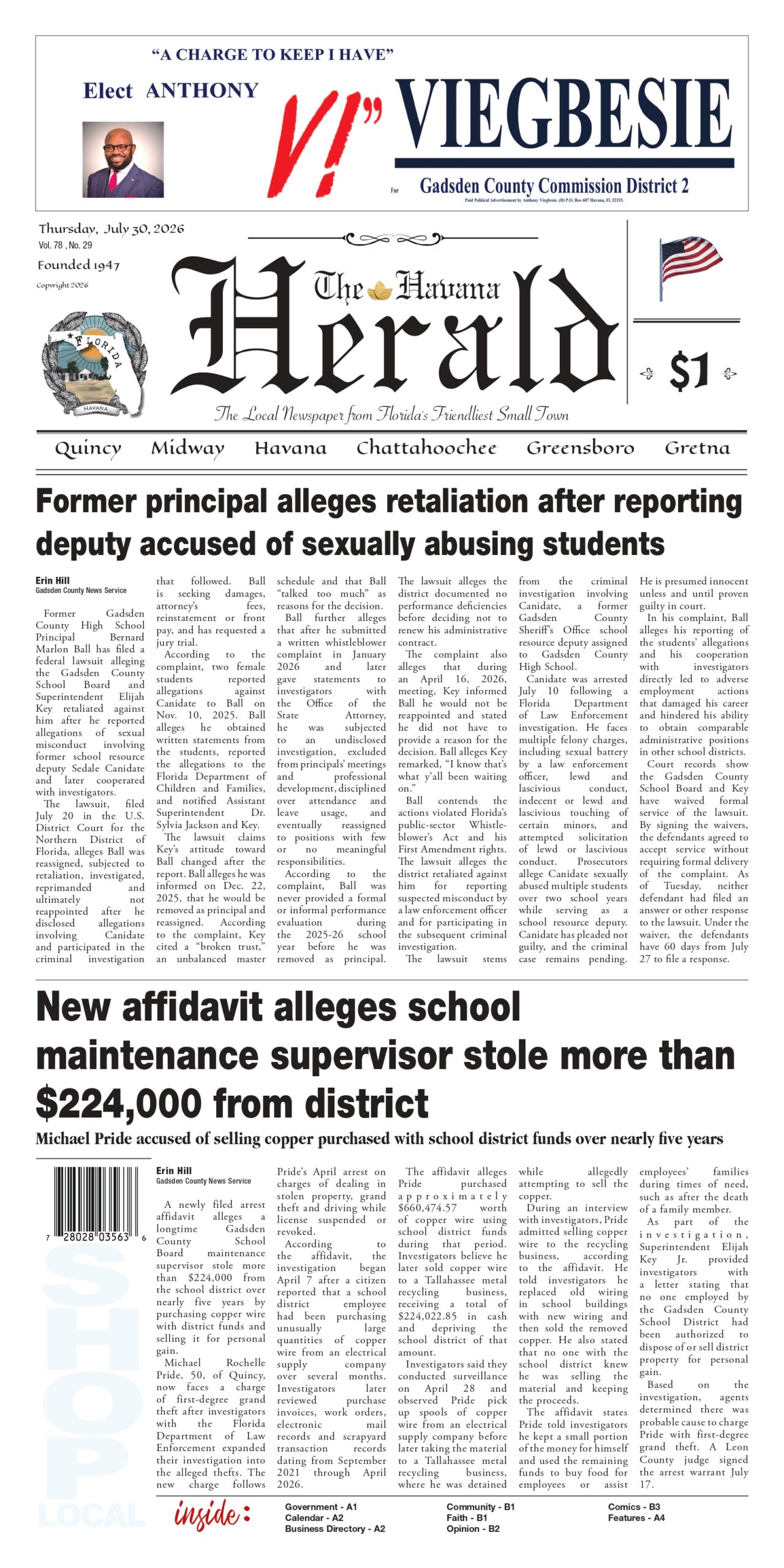 Front page of the July 30th 2026 Havana Herald.