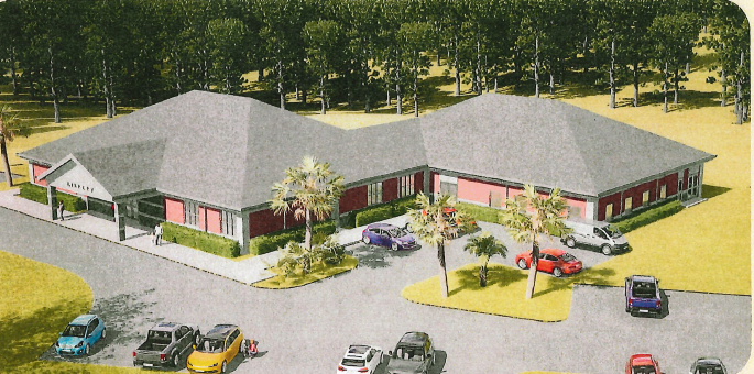 An architectural digital rendering of a modern, single-story public library building with a multi-gabled gray shingled roof and red brick walls, set against a dense backdrop of pine trees. The front entrance features a prominent awning with the word 'LIBRARY'. The paved foreground features a parking lot with several cars, green manicured hedges, and small palm trees.