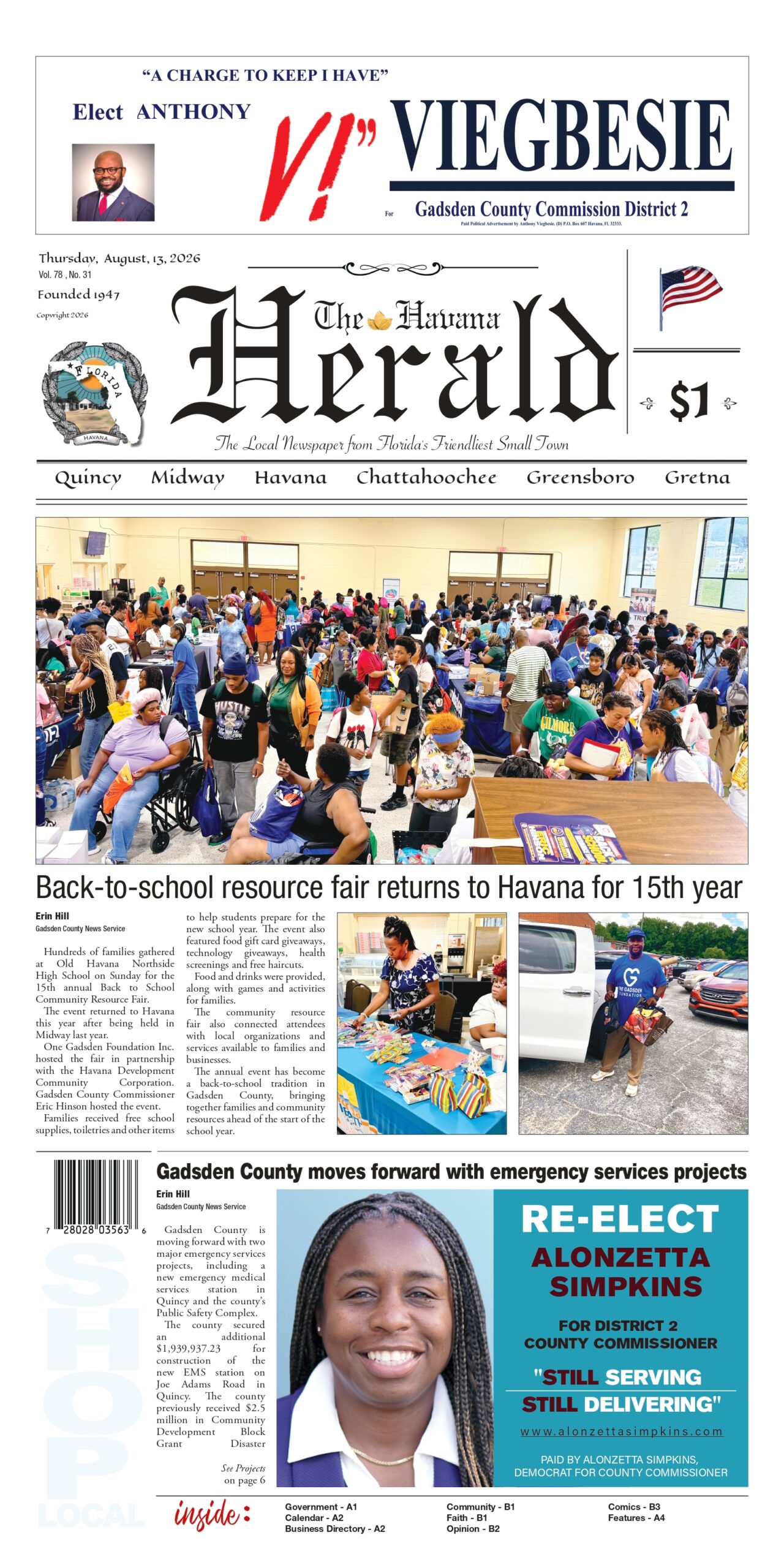 Front page of the August 13, 2026 edition of The Havana Herald featuring a top political ad for Anthony 'V!' Viegbesie for Gadsden County Commission District 2. The main photo and accompanying smaller images show families, children, and volunteers at the 15th annual back-to-school resource fair in Havana. Lower section highlights Gadsden County emergency services projects and a re-election advertisement for District 2 County Commissioner Alonzetta Simpkins featuring her portrait.