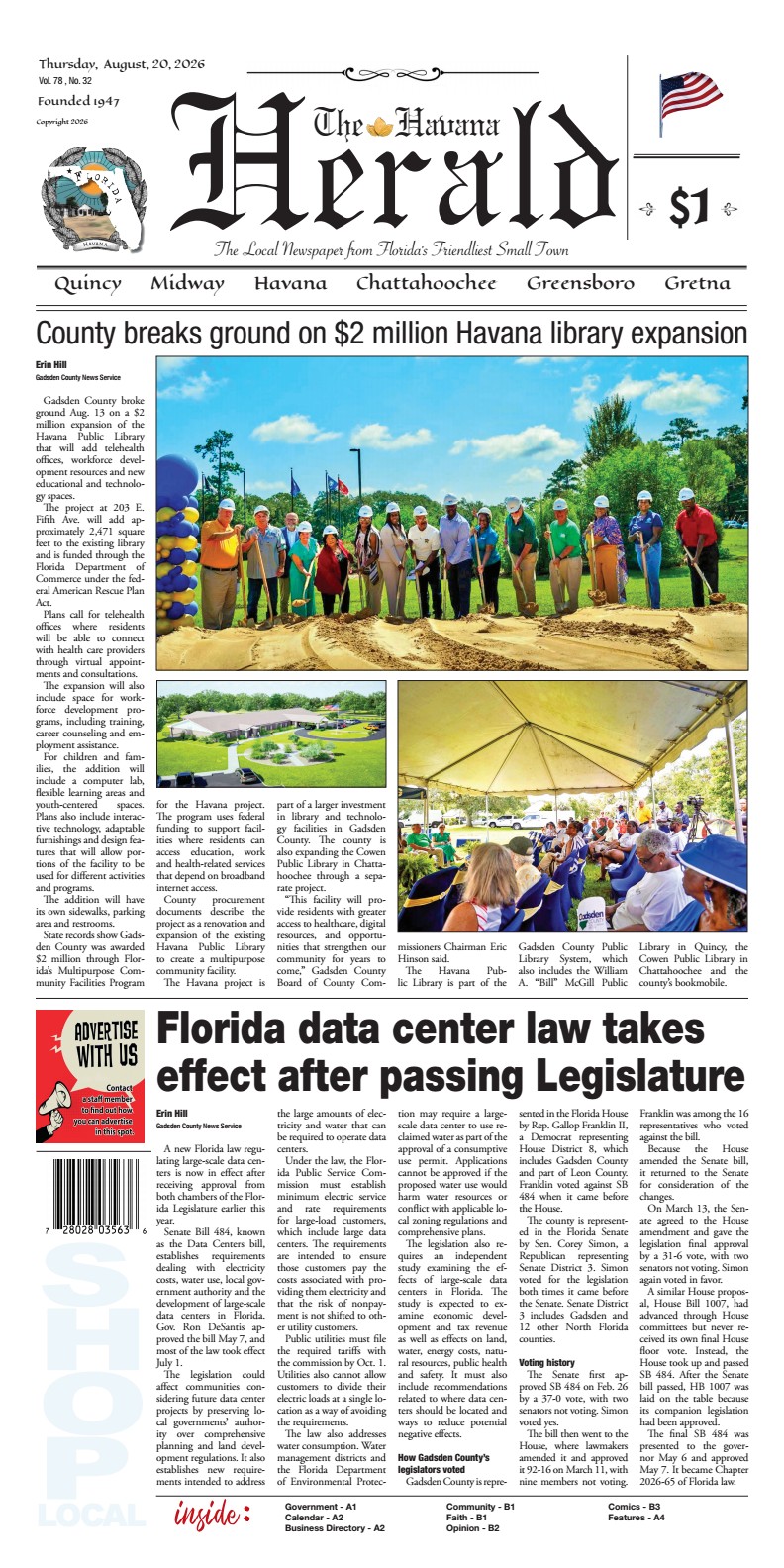 Front page of the August 20, 2026 edition of The Havana Herald featuring a main photo of local officials breaking ground with shovels for a $2 million Havana library expansion, alongside a news article on a new Florida data center law taking effect.