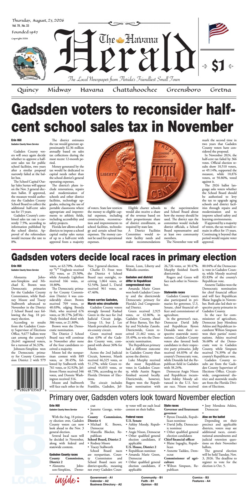 Front page of the August 27, 2026 edition of The Havana Herald covering the half-cent school sales tax referendum with an image of two copper pennies, local primary election results, and a summary of candidates for the November election.