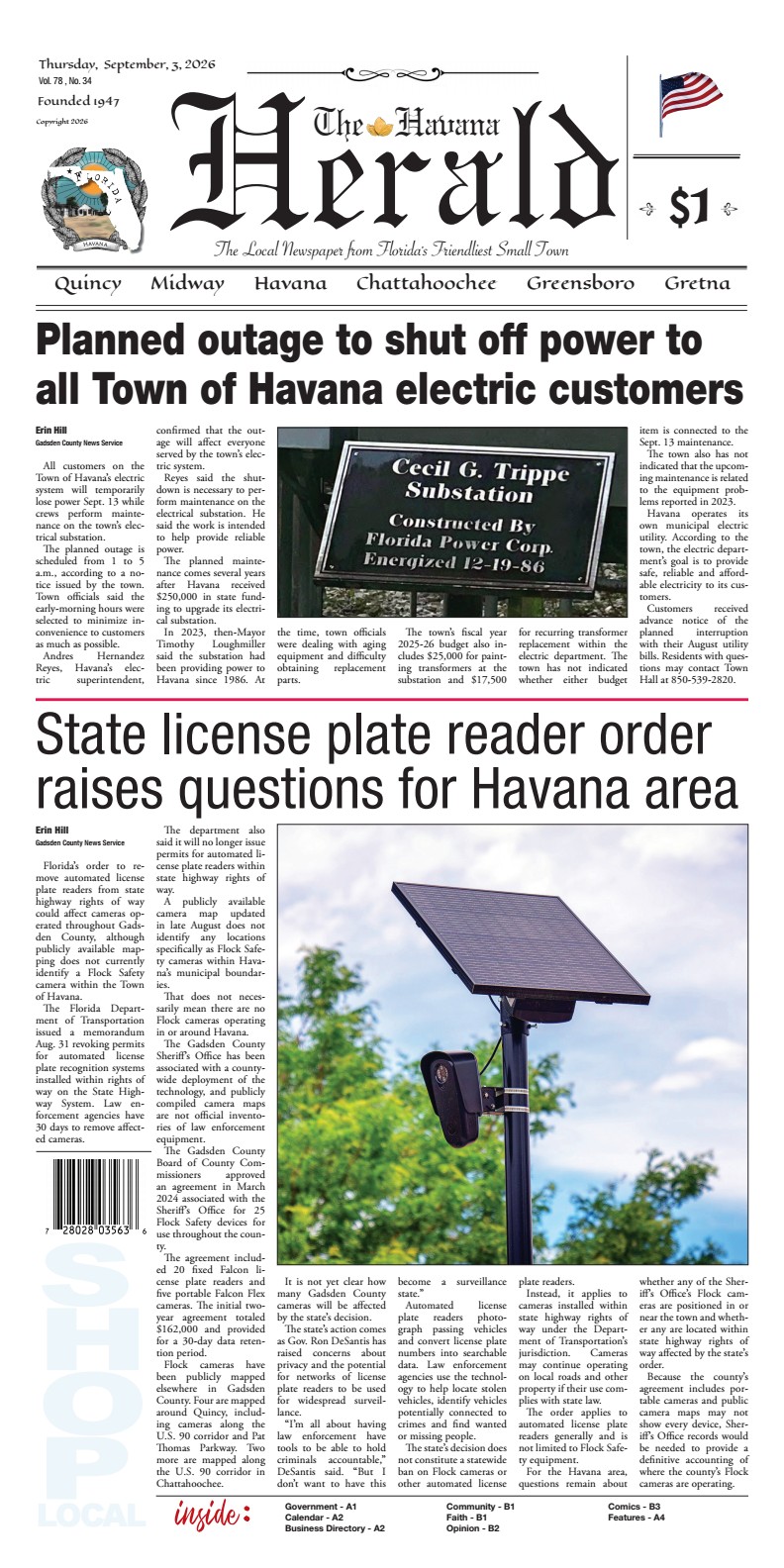 Front page of the September 3, 2026 edition of The Havana Herald featuring headlines about a planned power outage affecting all Town of Havana electric customers alongside a photograph of the Cecil G. Trippe Substation plaque, and a state order regarding license plate readers raising questions for the Havana area accompanied by a photo of a solar-powered license plate reader camera.