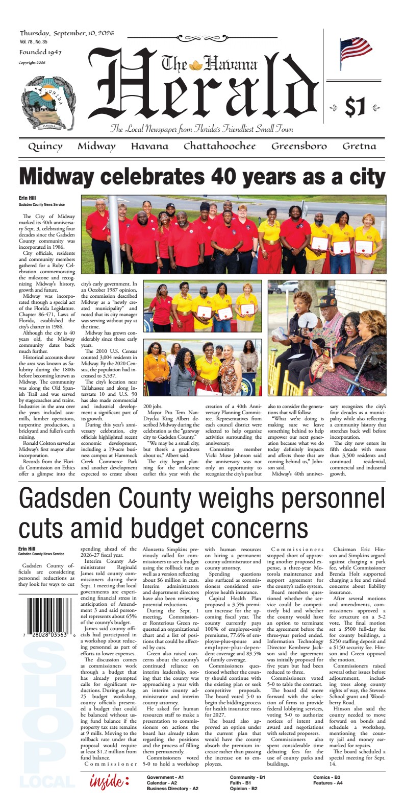 Front page of the September 10, 2026 edition of The Havana Herald featuring main coverage and photographs celebrating Midway's 40th anniversary as a city, along with a secondary story detailing Gadsden County's potential personnel cuts amid budget concerns.