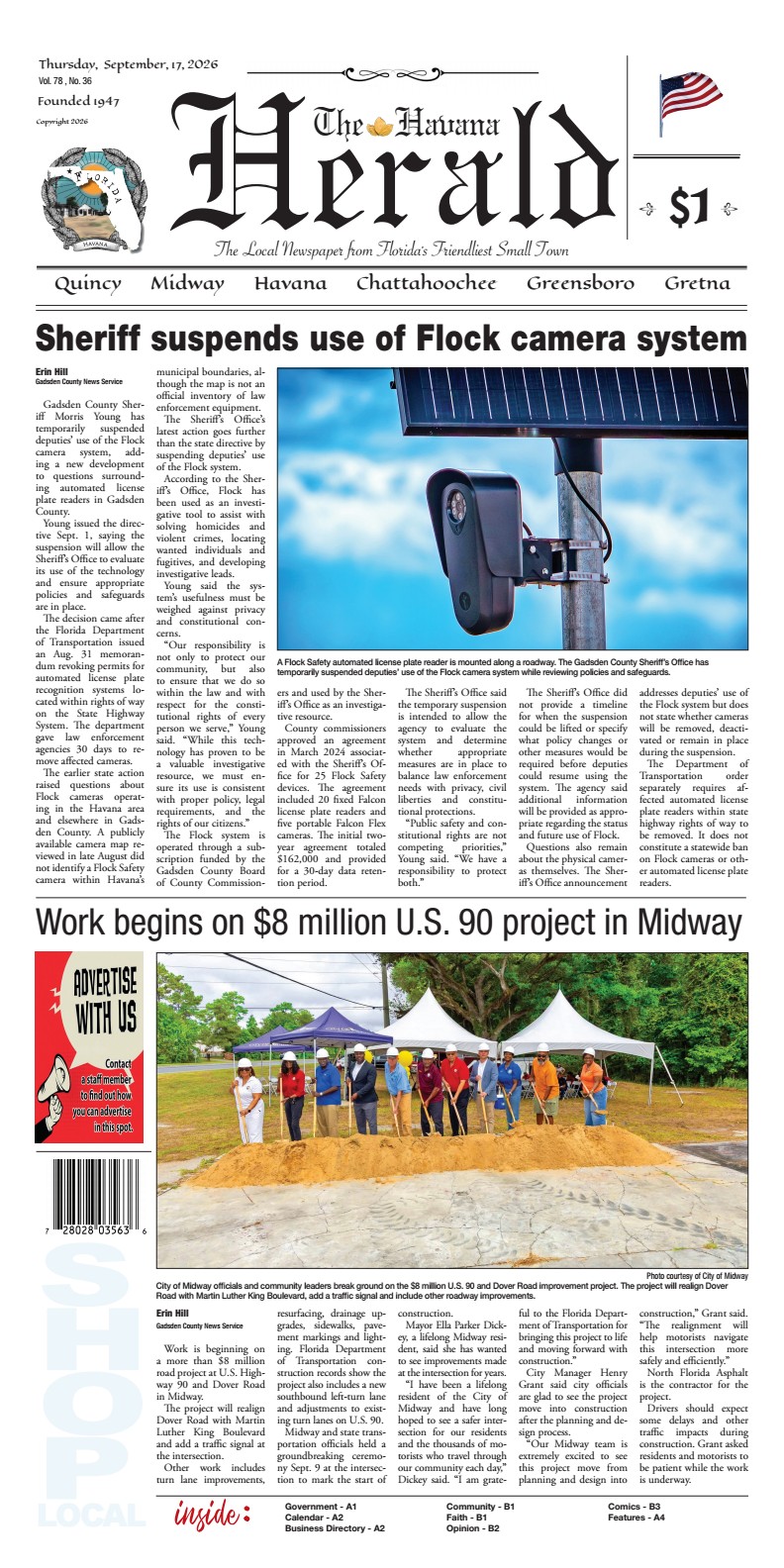 Front page of the September 17, 2026 edition of The Havana Herald featuring top coverage on Sheriff Morris Young suspending the use of the Flock camera system with an image of a solar-powered reader, alongside news and a groundbreaking photo for an $8 million U.S. 90 infrastructure project in Midway.