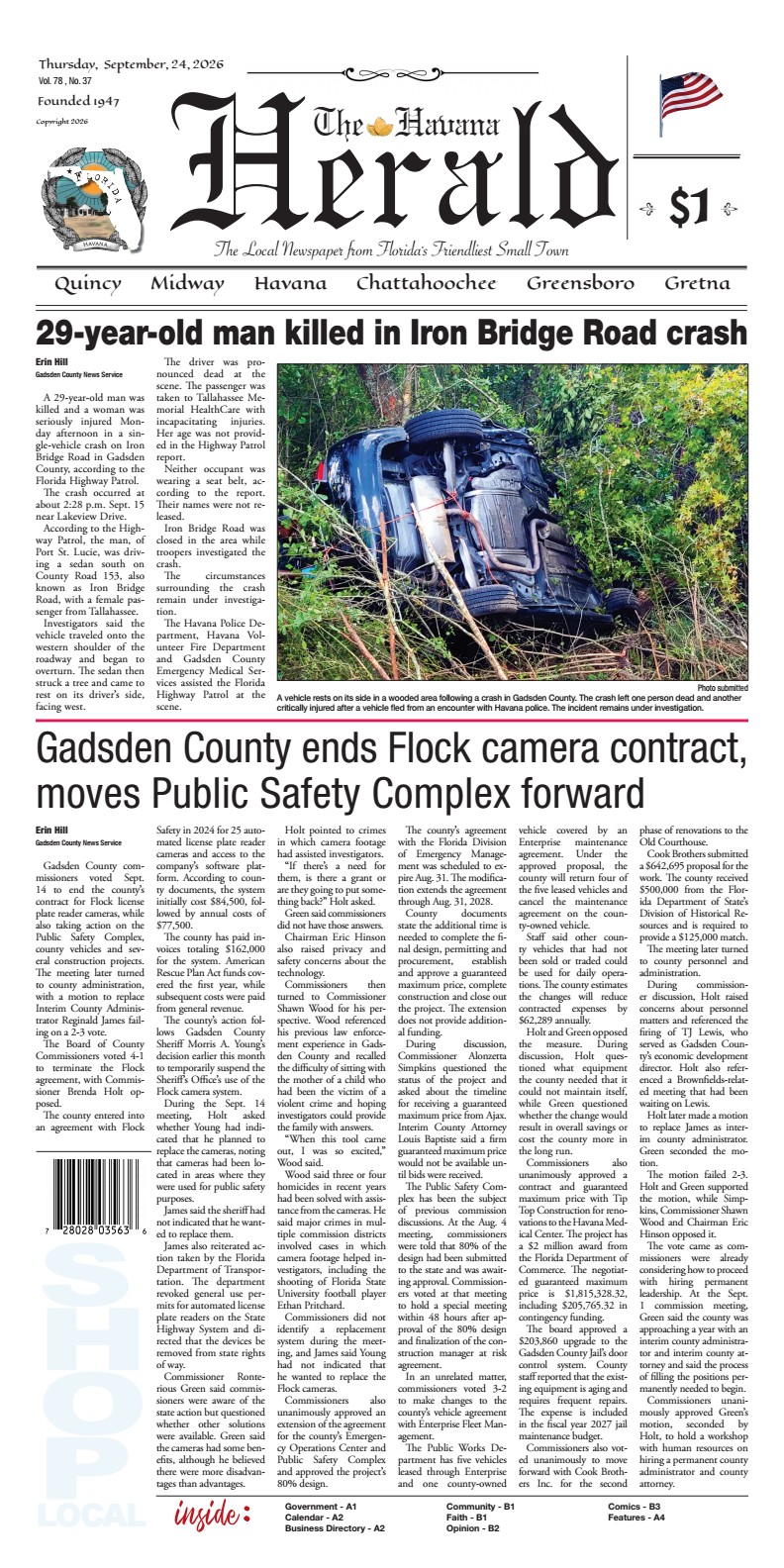 Front page of the September 24, 2026 edition of The Havana Herald featuring a main photo of an overturned vehicle resting on its side in a wooded area following a fatal Iron Bridge Road crash, alongside news on Gadsden County ending its Flock camera contract and advancing the Public Safety Complex project.
