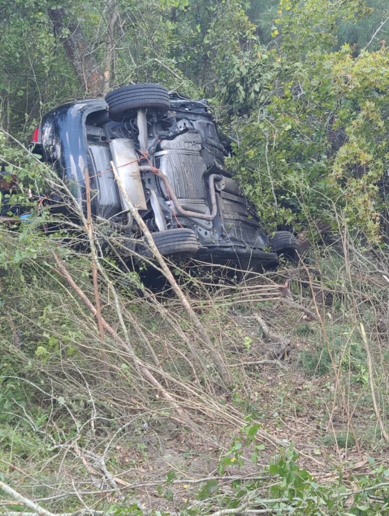 An overturned black vehicle resting on its side among dense trees and brush along a embankment following a traffic accident.