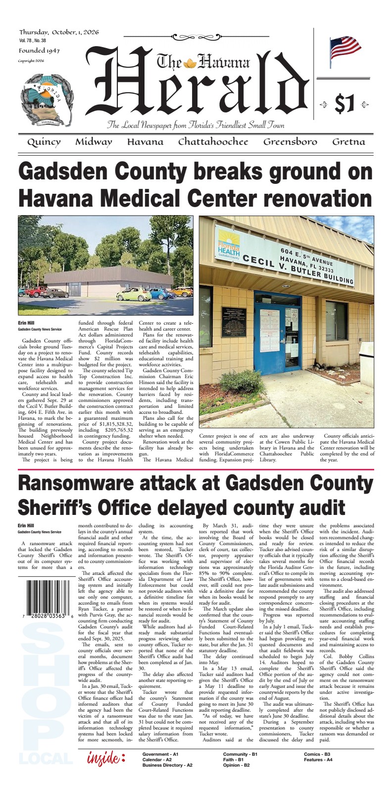 Front page of the October 1, 2026 edition of The Havana Herald detailing the groundbreaking of the Havana Medical Center renovation with two photos of the facility, alongside news on a ransomware attack at the Gadsden County Sheriff's Office delaying the county audit.