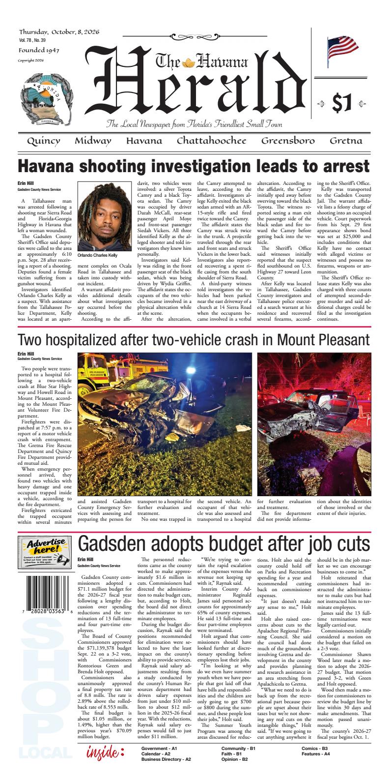 Front page of the October 8, 2026 edition of The Havana Herald featuring main headlines and Orlando Charles Kelly's mugshot regarding an arrest in a Havana shooting investigation, night emergency photos of a two-vehicle crash in Mount Pleasant that sent two to the hospital, and news on Gadsden County adopting its budget following job cuts.